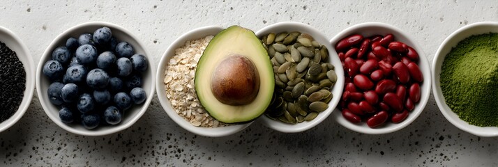 An overhead view shows a variety of superfood ingredients in white bowls arranged across a textured gray background for healthy meals.