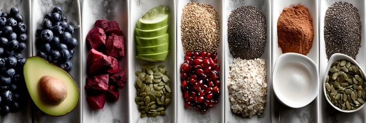 Various colorful superfoods are arranged in a row on white trays to illustrate healthy eating and ingredient combinations.