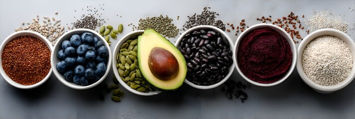Assortment of nutrient dense superfoods in white bowls is arranged in a row on a gray backdrop creating a healthy eating presentation.