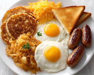 A satisfying full breakfast featu sunny side up eggs, sausage, toast, hash browns, shredded cheddar cheese and pancakes on white plate.