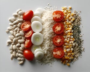 Assorted fresh raw foods elegantly arranged to showcase the diversity of healthy ingredients for a nutritious and balanced culinary experience.