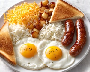 A hearty breakfast plate features fried eggs, sausage links, golden hash browns, grated cheese, and crispy buttered toast on a white background.