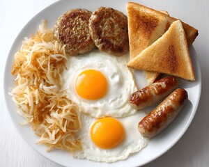 A hearty breakfast plate displays fried eggs, sausage patties, breakfast sausage, hash browns, and golden brown toast for a delicious meal.