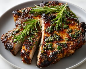 Grilled pork chops are arranged on a plate with rosemary and parsley toppings creating a delicious and appetizing culinary display for eating.