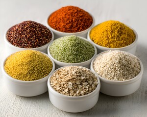Assorted grains and seeds including quinoa, millet, oats and others displayed in small white bowls against a textured neutral surface background.