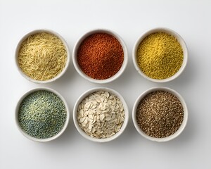 Six bowls of different grains and seeds are displayed on a white background, showcasing a variety of healthy and nutritious ingredients for cooking.