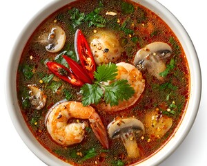 A flavorful bowl of Tom Yum soup filled with shrimp, mushrooms, chili peppers, and fresh cilantro sits ready to enjoy its spicy broth.
