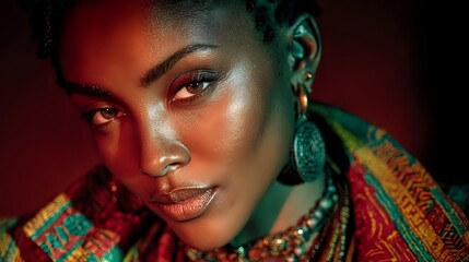 Young African American woman with glowing skin in colorful traditional clothing and gold jewelry against dramatic red and green lighting for fashion photography.