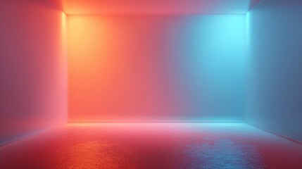 Abstract geometric space with vibrant red and blue neon lights