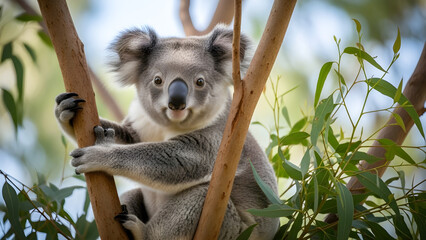 Fototapeta premium Playful Koala Clings To Tree Branch Among Green Leaves In Sunshine