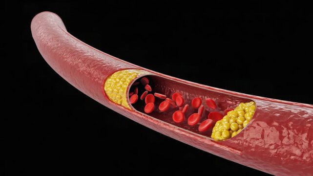 High resolution showing the inside of a red blood cell with various organelles and yellow colored platelets