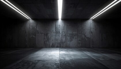 Modern dark concrete room lighting creates a minimal, industrial atmosphere with dramatic shadows and geometric lines, ideal for creative, architectural, or technology backgrounds.