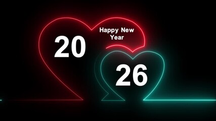 Abstract glowing neon valentines Two love heart symbol animation with happy new year 2038 celebration concept. 4k motion graphics animation.
