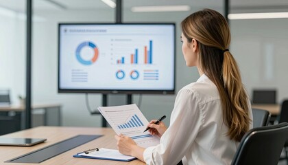 Businesswoman analyzing data charts in modern office setting.