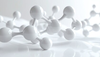 Glossy white molecular structure background, smooth surface, scientific, modern chemistry, calming 3d rendering for technology, innovation, and futuristic healthcare concepts.