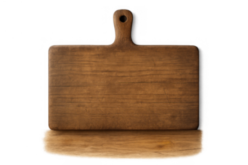 Empty rectangular brown chopping board featuring natural wood grain texture with a hanging hole, ideal for food presentation