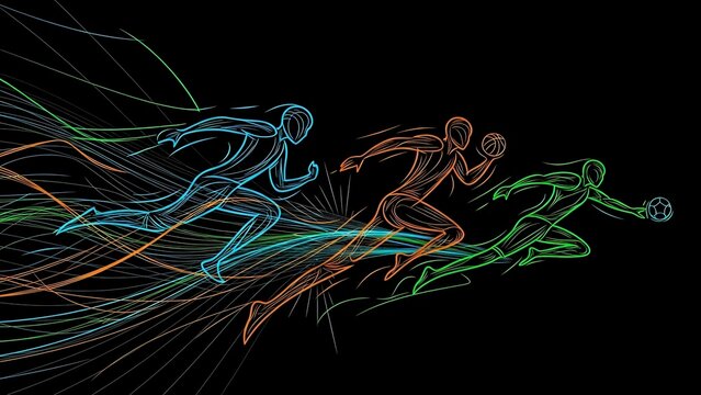 Dynamic neon line art of three runners in motion with colorful light trails showing speed and energy on black background for sports design.