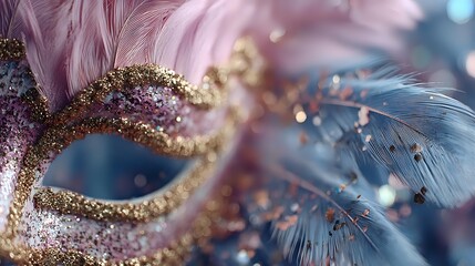 Ornate carnival mask with golden glitter details and soft pink feathers for masquerade ball celebration and festive party decoration.