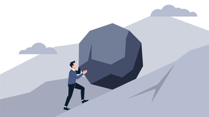 Person Pushing Heavy Rock Uphill as Symbol of Hard Work and Perseverance