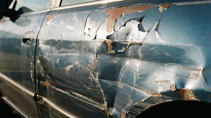 Extreme close up shows deep scratches and flaking paint on old blue car door