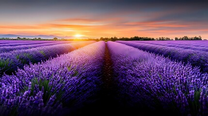 Fototapeta premium Endless rows of blooming lavender fields stretching toward golden sunset horizon. Purple flowers create natural pathways through agricultural landscape.