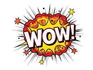 Obraz premium Comic book style WOW explosion burst with colorful stars and radiating lines on white background for pop art designs and promotional materials.