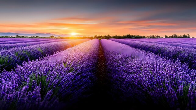 Endless rows of blooming lavender fields stretching toward golden sunset horizon. Purple flowers create natural pathways through agricultural landscape.