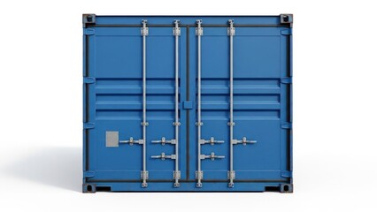 Blue shipping container doors shut, ready for transport, on white surface