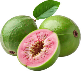 Green guava with pink slice isolated on white background