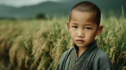 Young Asian boy monk in traditional gray robes standing in golden rice field with mountains background, spiritual childhood concept for meditation designs.