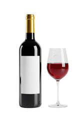 elegant bordeaux-style dark wine bottle with blank white label and gold seal, adjacent to a half-filled crystal glass with condensation on a reflective white surface, luxurious product photography