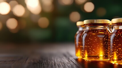 Golden honey jars with metal lids on rustic wooden table against warm bokeh lights background for natural organic food packaging design.