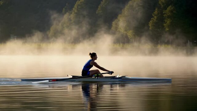 An athlete in a blue wetsuit rowing a single scull on calm water with fog and trees in the background.