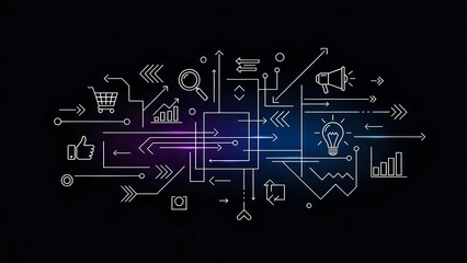 Digital business technology network with interconnected icons and circuit pathways on dark background for modern corporate presentations.