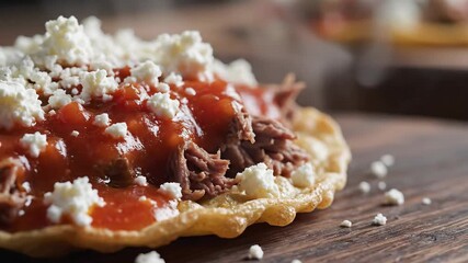 A delectable closeup of a traditional Mexican tostada or sope generously topped with savory shredded meat vibrant red salsa and crumbled white cheese presented on a rustic wooden surface showcasing a.