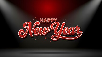 Happy New Year celebration text with red cursive letters on dark background