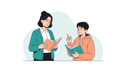 illustration of a woman and a young man engaging in educational discussion with books and a