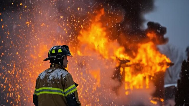 Firefighter in Action Responding to House Fire During Winter Snowstorm at Night