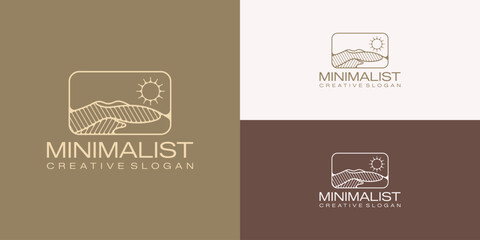 Minimalist Luxury Logo Symbol Desert Landscape and Sun Line Art Style Vector Design Template