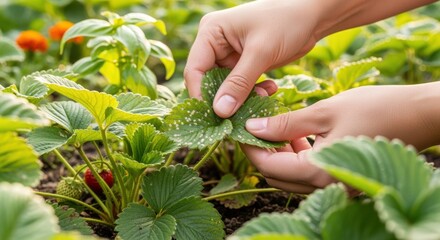 Closeup medium shot of hands inspecting strawberry leaves for signs of fungal infections in a vibrant garden setting