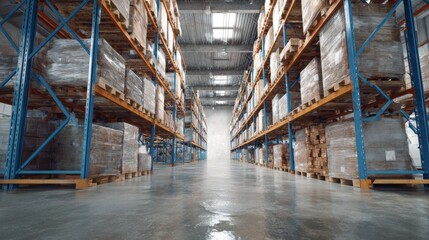 Vast warehouse interior features tall shelves lined with pallets stacked high. The organized layout highlights a clean and efficient storage area. Soft lighting enhances the sense of spaciousness