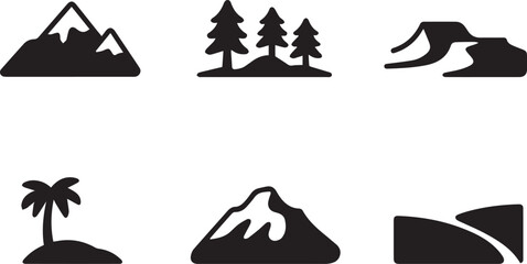 Fototapeta premium Set of mountain icons, black and white vector illustration of peaks and landscapes, isolated symbols for nature, travel, hiking, and outdoor concepts