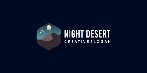 Desert Night Vector Logo Symbol Template with Moon and Stars Minimalist Design