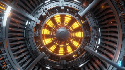 Abstract futuristic engine turbine rotating with pulsing orange energy light core. - Powered by Adobe