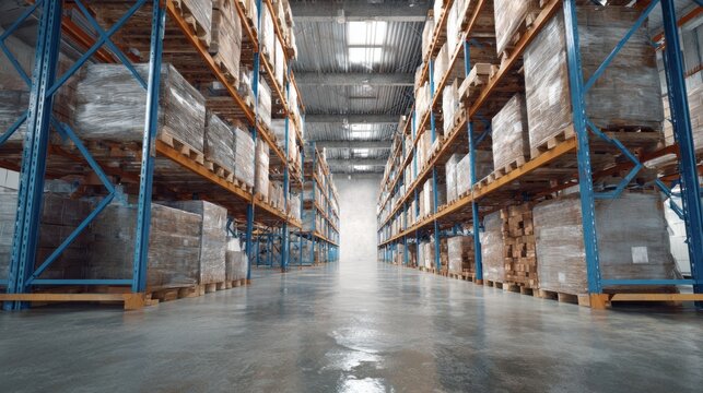 Vast warehouse interior features tall shelves lined with pallets stacked high. The organized layout highlights a clean and efficient storage area. Soft lighting enhances the sense of spaciousness