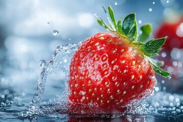 A vibrant red strawberry, with its green leaves and juicy texture, is captured in a dynamic splash of water, creating a visually striking image.