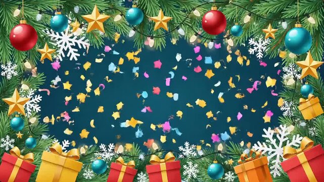 Festive Christmas frame with falling confetti, ornaments, and gift boxes on blue background