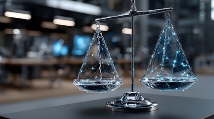 Digital balance scale with connected data points symbolizing fairness, ethics, and decision making in technology systems