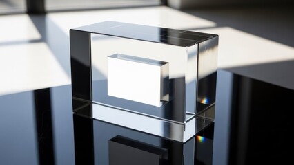 Clear glass block with white insert on shiny surface, sunlight background