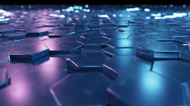 Keyboard illumination against blue hexagonal tile floor with pulsing pink light, perfectly capturing technological innovation and modernity concept, ideal for futuristic product designs.